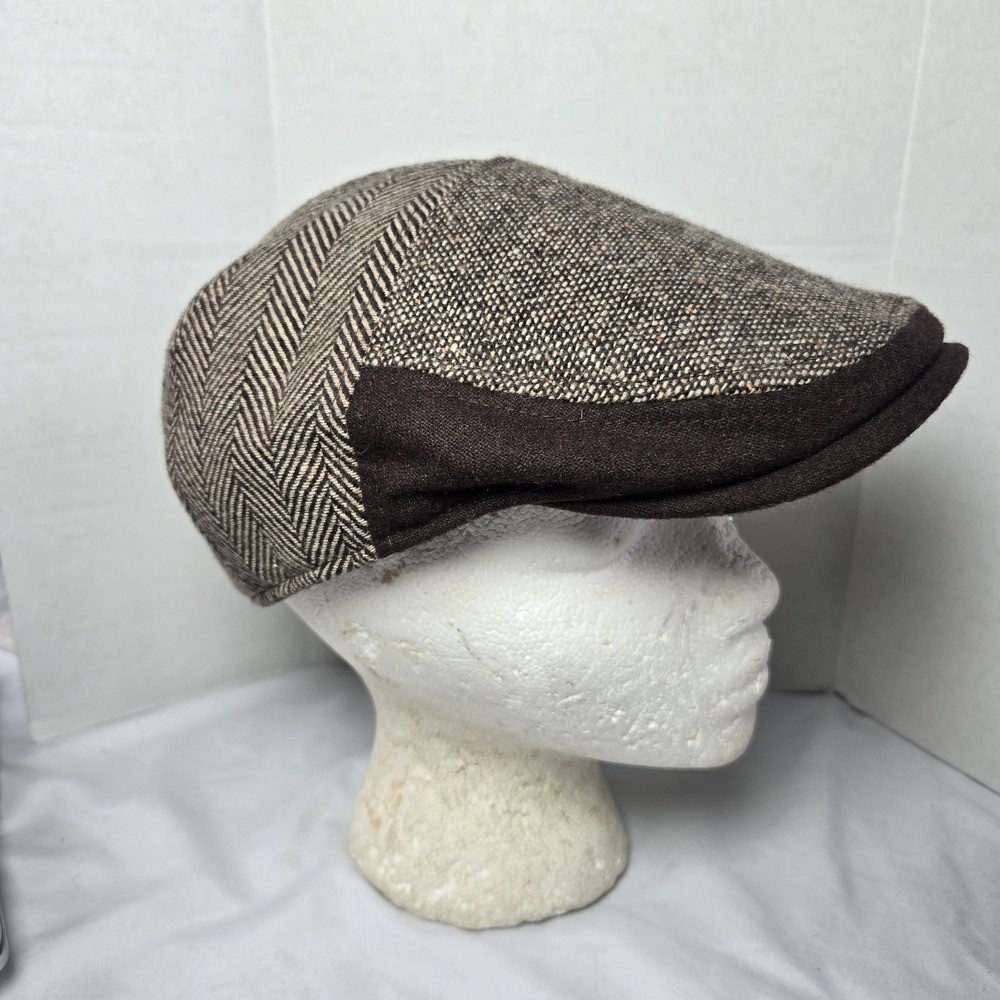 Dockers Patchwork Tweed Newsboy Cap Hat Brown Size S/M Ear Flaps Peaky Blinders